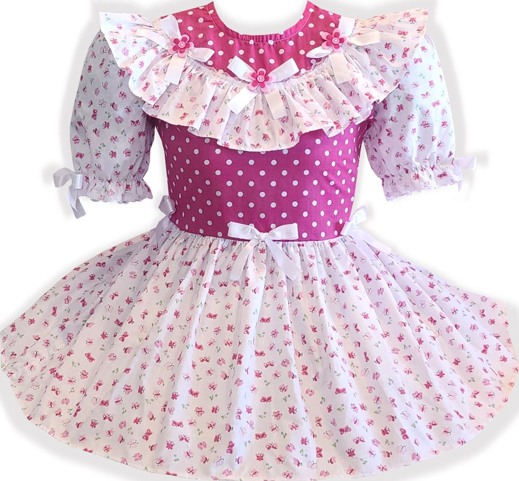 XL Ready to Wear Hot Pink White Cotton Polka Dots Butterflies Adult Sissy Dress by Leanne's
