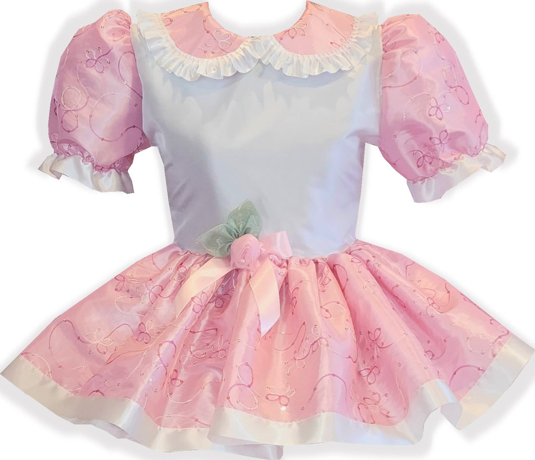 Hallie Custom Fit White Pink Embroidered Taffeta Adult Sissy Dress by Leanne's