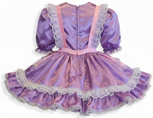 Purple satin dress with lace trim on a white background