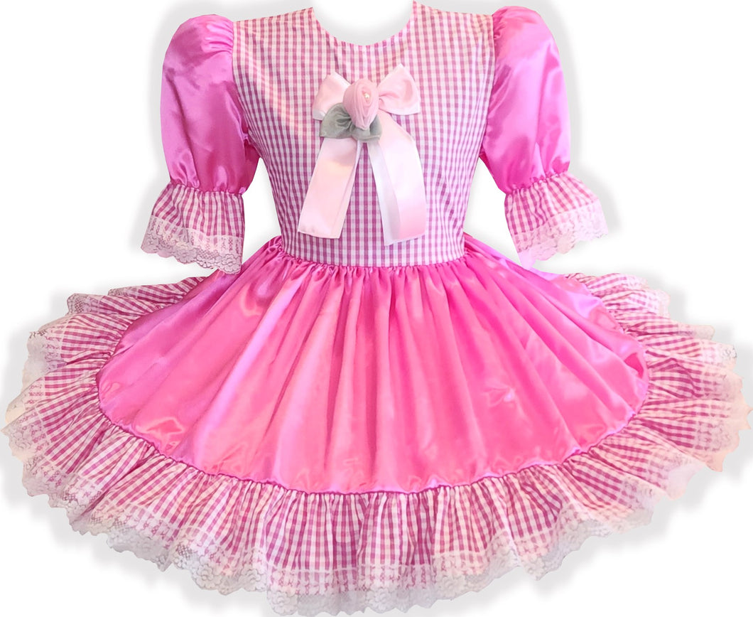 Keltie Custom Fit Pink Satin Gingham Adult Little Girl Sissy Dress by Leanne's