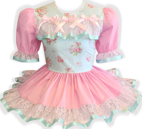 XL Ready to Wear Pink Lace Flowers Mint Ruffles Bows Adult Sissy Dress by Leanne's