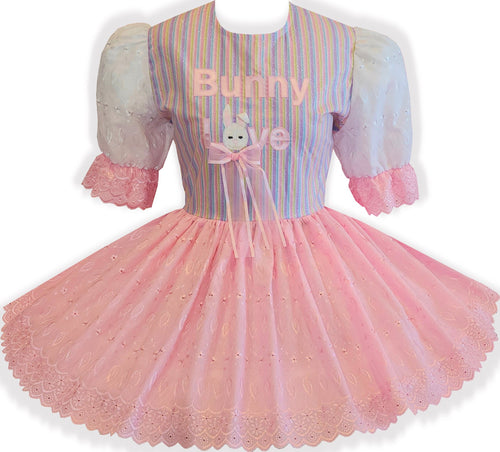 Ready to Wear Pink Eyelet Glitter Stripes Easter Bunny Love Cute Adult Sissy Dress by Leanne's