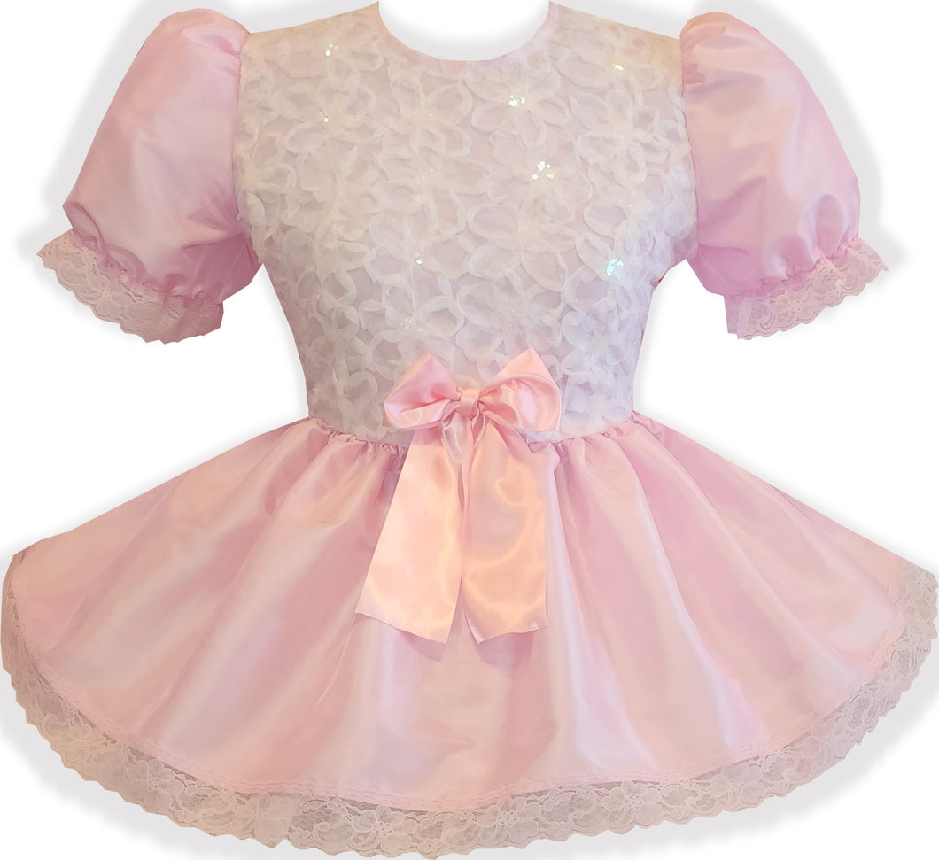 Clea Custom Fit Pink Taffeta White Flowers Adult Sissy Dress by Leanne's