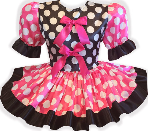 Ready to Wear Pink Polka Dots Black Satin Adult Sissy Dress by Leanne's