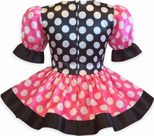 Margaret Custom Fit Hot Pink & Black Satin Polka Dots Adult Sissy Dress by Leanne's