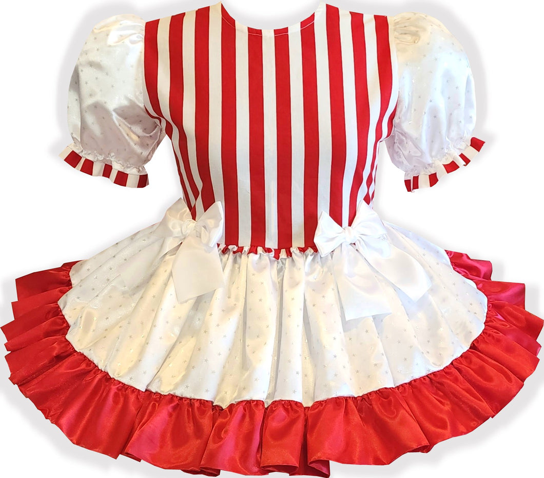 Pollyanna Custom Fit White Satin Stars & Red Stripes Adult Sissy Dress by Leanne's