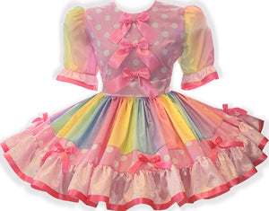 Marcy Custom Fit Pink Satin Rainbow Polka Dots Bows Adult Sissy Dress by Leanne's