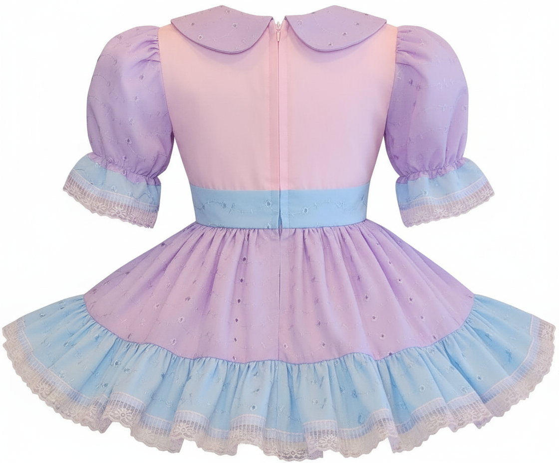 Gaby Custom Fit Blue Purple Eyelet Pink Lace Bows Adult Sissy Dress by   Leanne's Pretty Dresses