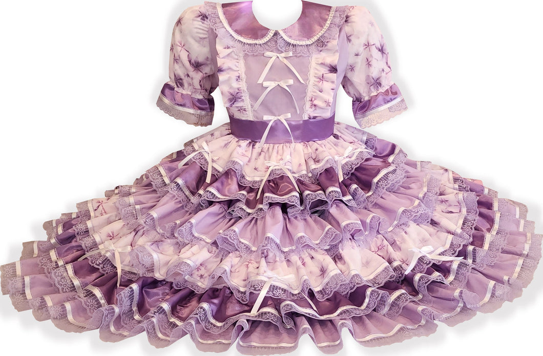 Shandie Custom Fit Lavender Flowers Satin Ruffles Midi Dress Adult Sissy Dress by Leanne's
