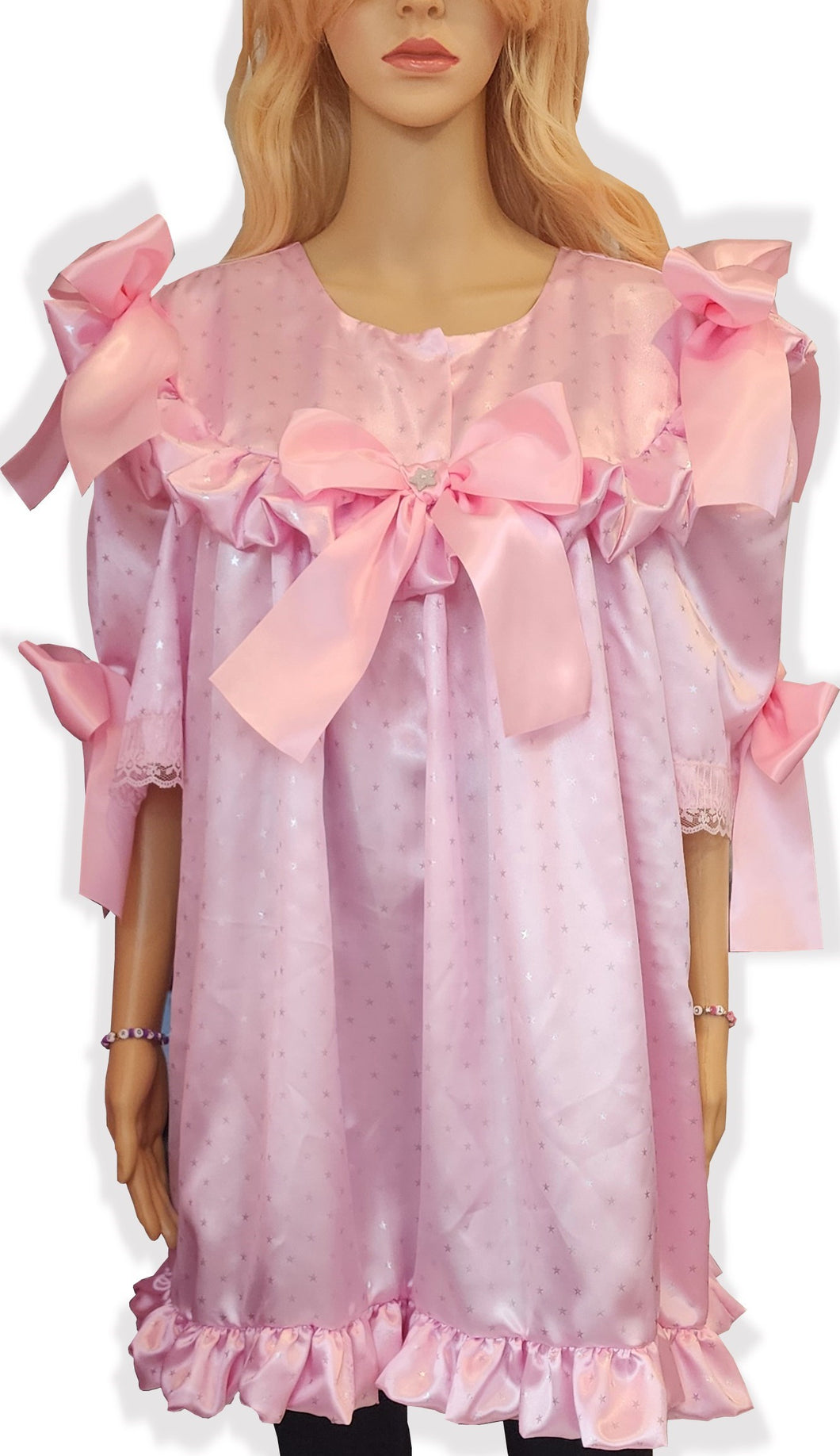 Custom Fit Pink Satin Stars Ruffles Bows Adult Sissy Nightgown by Leanne's