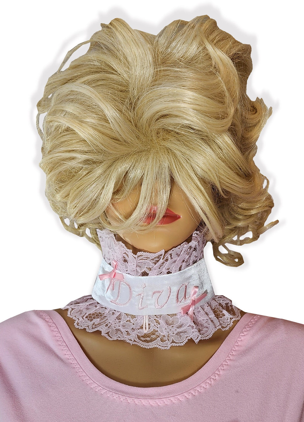 White Satin Pink Lace Diva Embroidered Adult Baby Girl Sissy Collar by Leanne's