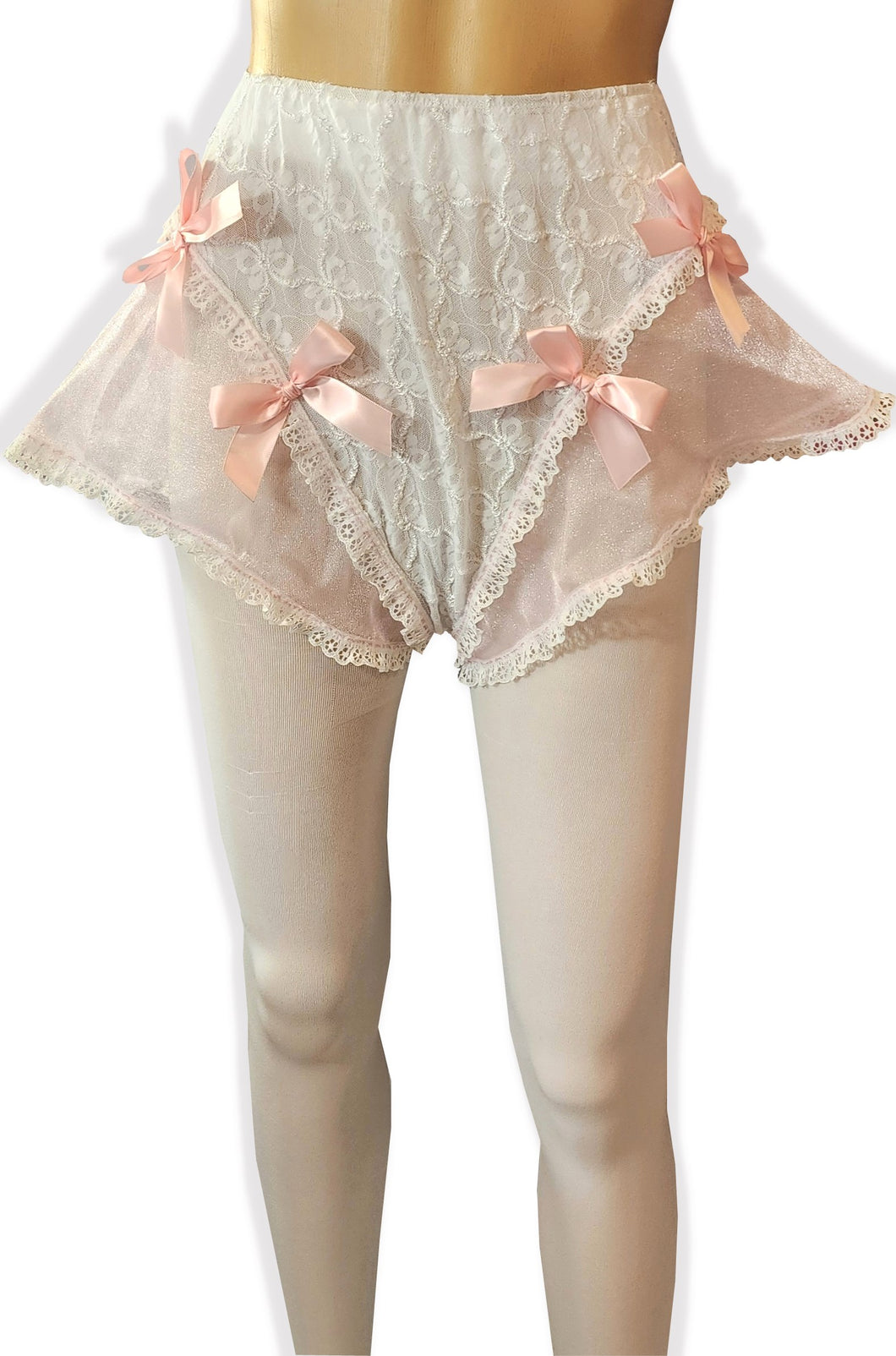 Unlined White Stretch Lace Sissy Panties with Ruffles and Pink Bows by Leanne's