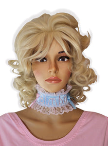 Ready to Wear Baby Blue Satin Pink Lace Bimbo Embroidered Adult Baby Girl Sissy Collar by Leanne's