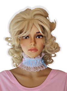 Baby Blue Satin Pink Lace Bimbo Embroidered Adult Baby Girl Sissy Collar by Leanne's