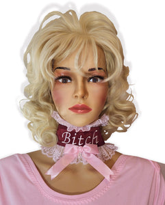 Burgundy Satin Pink Lace Bitch Embroidered Adult Baby Girl Sissy Collar by Leanne's