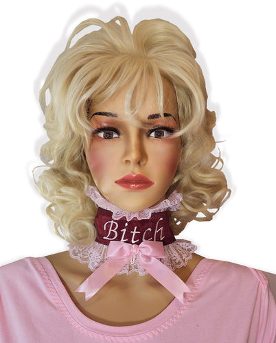Ready to Wear Burgundy Satin Pink Lace Bitch Embroidered Adult Baby Girl Sissy Collar by Leanne's