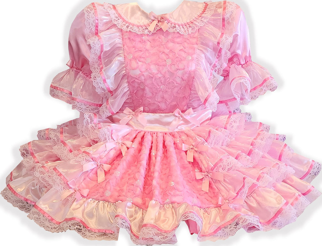 Krysta Custom Fit Pink Satin Ruffles Locking Adult Little Girl Sissy Dress by Leanne's