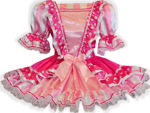 Brandi Custom Fit Pink Satin Polka Dots Strips Adult Little Girl Sissy Dress by Leanne's