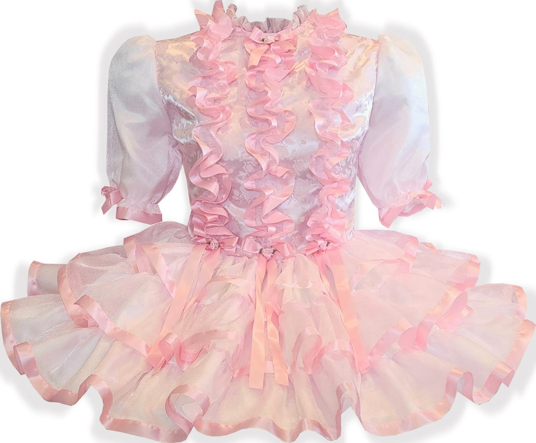 Tia Custom Fit Pink Satin Sparkle Organza Ruffles Adult Sissy Dress by Leanne's