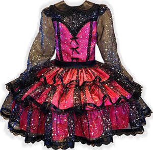 Reba Custom Fit Neon Pink Satin Black Star Organza Adult Little Girl Sissy Dress by Leanne's