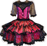 Ready to Wear Hot Pink Satin Black Star Organza Adult Sissy Dress with Sash