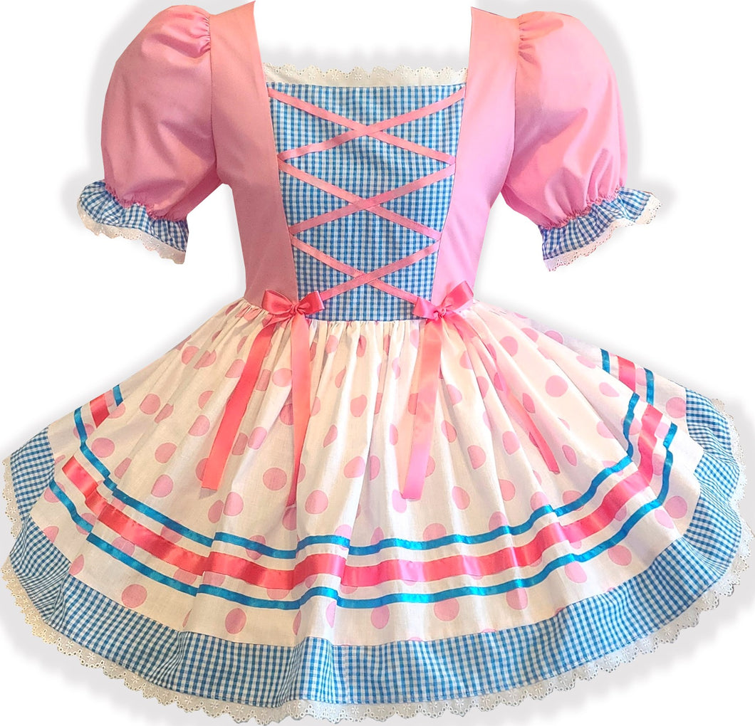 Libby Custom Fit Pink Polka Dot Gingham Ribbon Bows Adult Sissy Dress by Leanne's