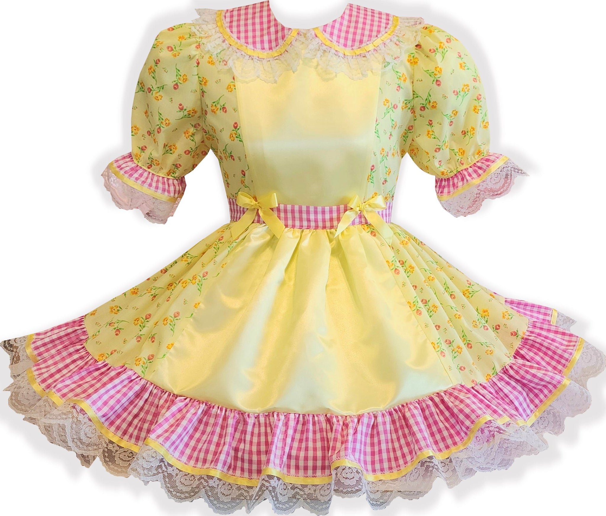 Ready to Wear Yellow Satin Pink Lace Bows Adult Sissy Dress by Leanne's Leanne's Pretty Dresses Ready to Wear Yellow Satin Pink Lace Bows Adult Sissy Dress by Leanne's Leanne's Pretty Dresses