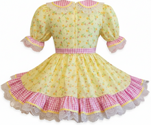 Ellie Custom Fit Yellow Satin Flowers Pink Gingham Adult Sissy Dress by Leanne's