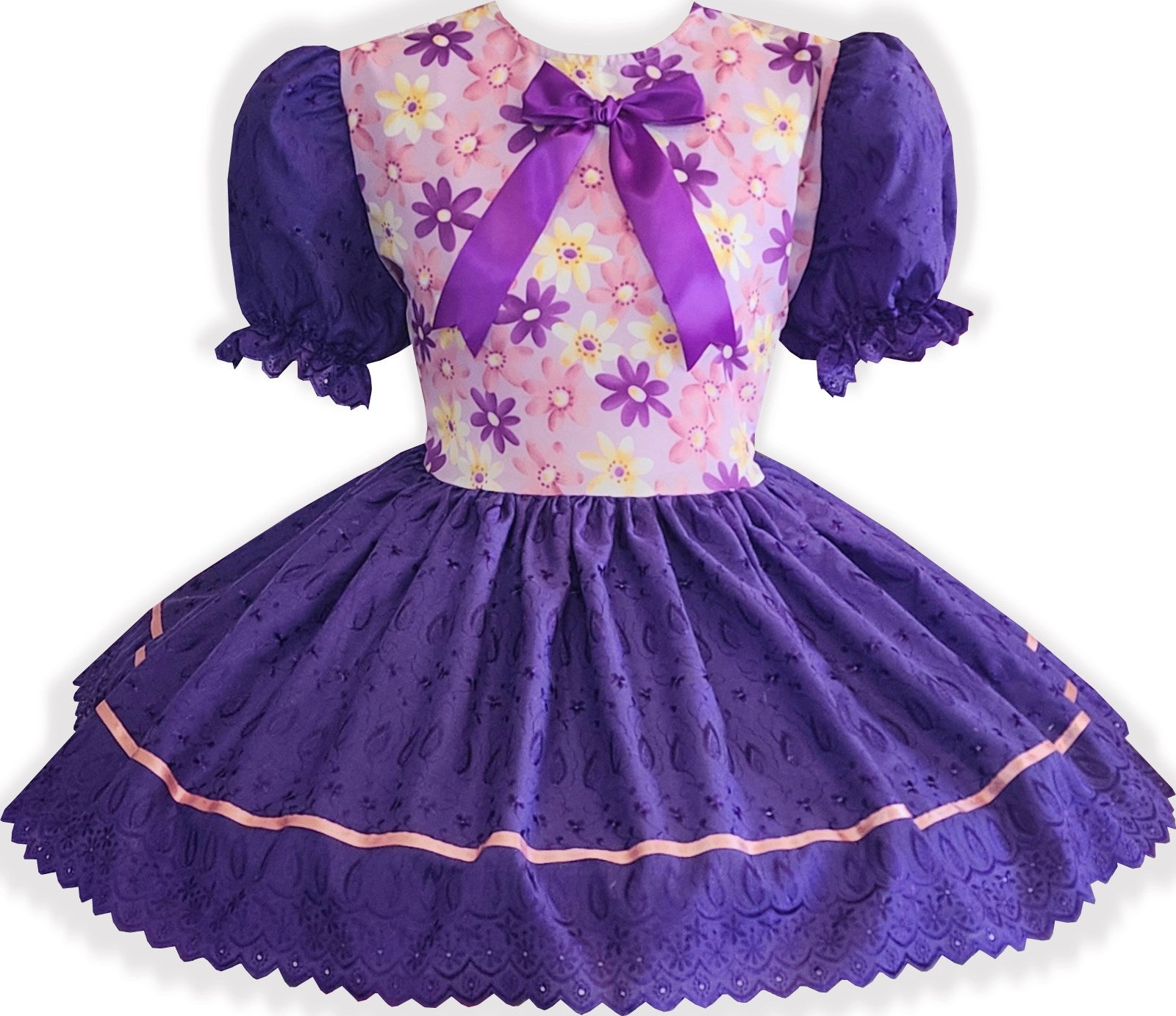 Kelsie Custom Fit Purple Eyelet Flowers Adult Sissy Dress by Leanne's Kelsie Custom Fit Purple Eyelet Flowers Adult Sissy Dress by Leanne's