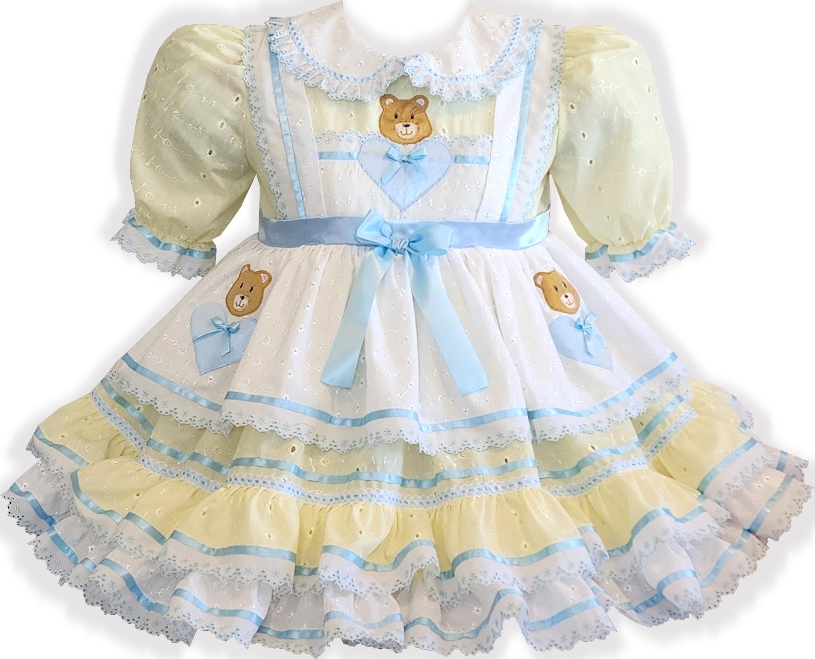 Goldilocks Yellow White Eyelet Teddy Bear Adult Baby Sissy Dress by Le Leanne's Pretty Dresses Goldilocks Yellow White Eyelet Teddy Bear Adult Baby Sissy Dress by Le Leanne's Pretty Dresses