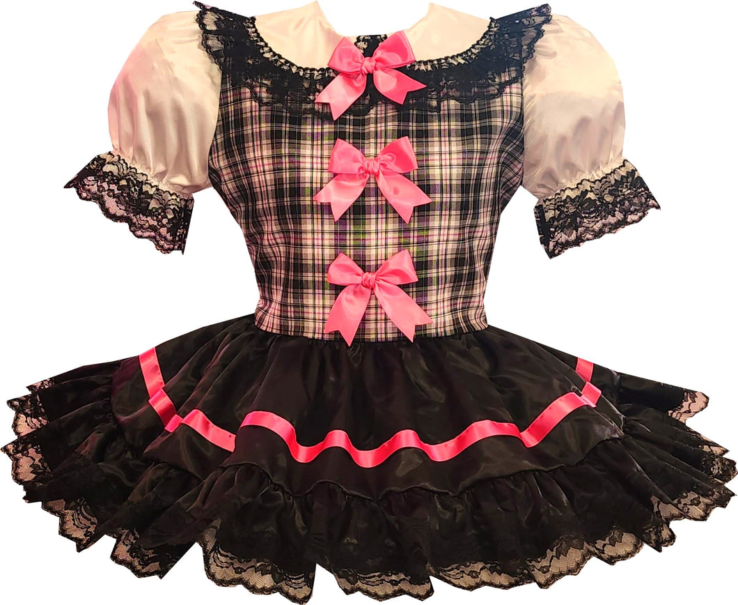 Ready to Wear Black Satin Plaid Pink Bows Adult Sissy Dress by Leanne's