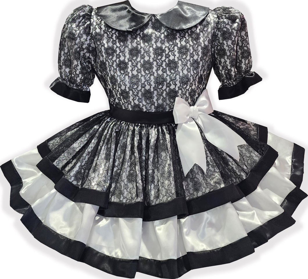 Brielle Custom Fit White Satin Black Lace Adult Sissy LG Dress by Leanne's