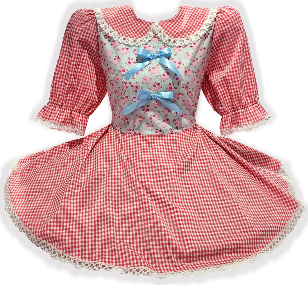 Ready-to-Wear Pink Gingham Pigs Bows Adult Sissy LG Dress by Leanne's