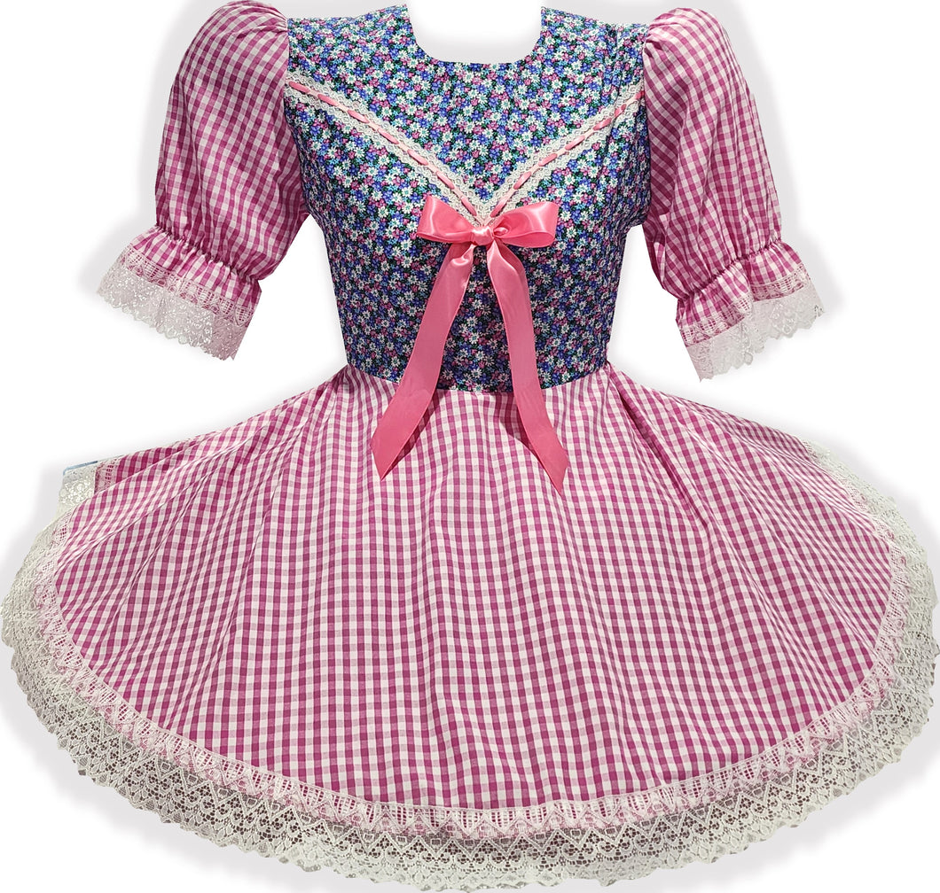 Ready-to-Wear Blue Floral Pink Gingham Adult Sissy Dress by Leanne's
