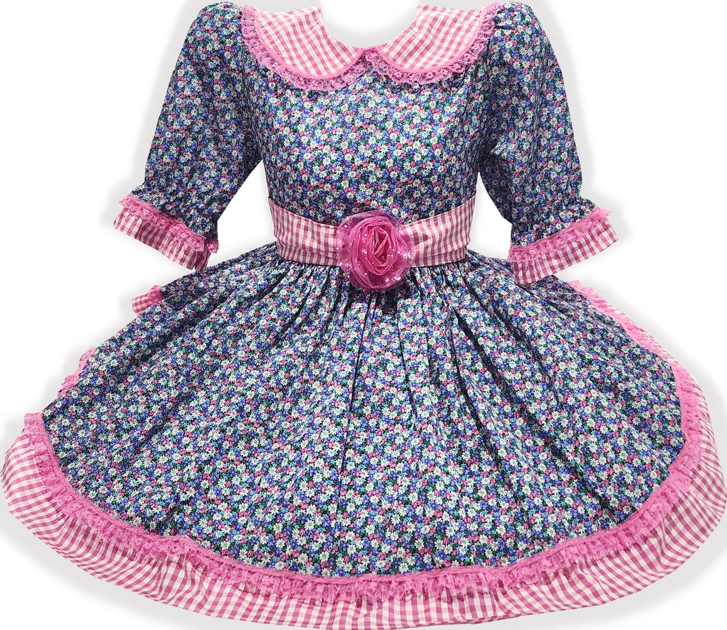 Ready-to-Wear Blue Floral Pink Lace Gingham Adult Sissy Dress & Sash by Leanne's
