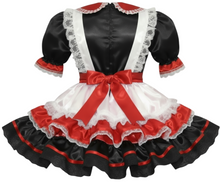Black, red, and white maid outfit with a bow on a white background