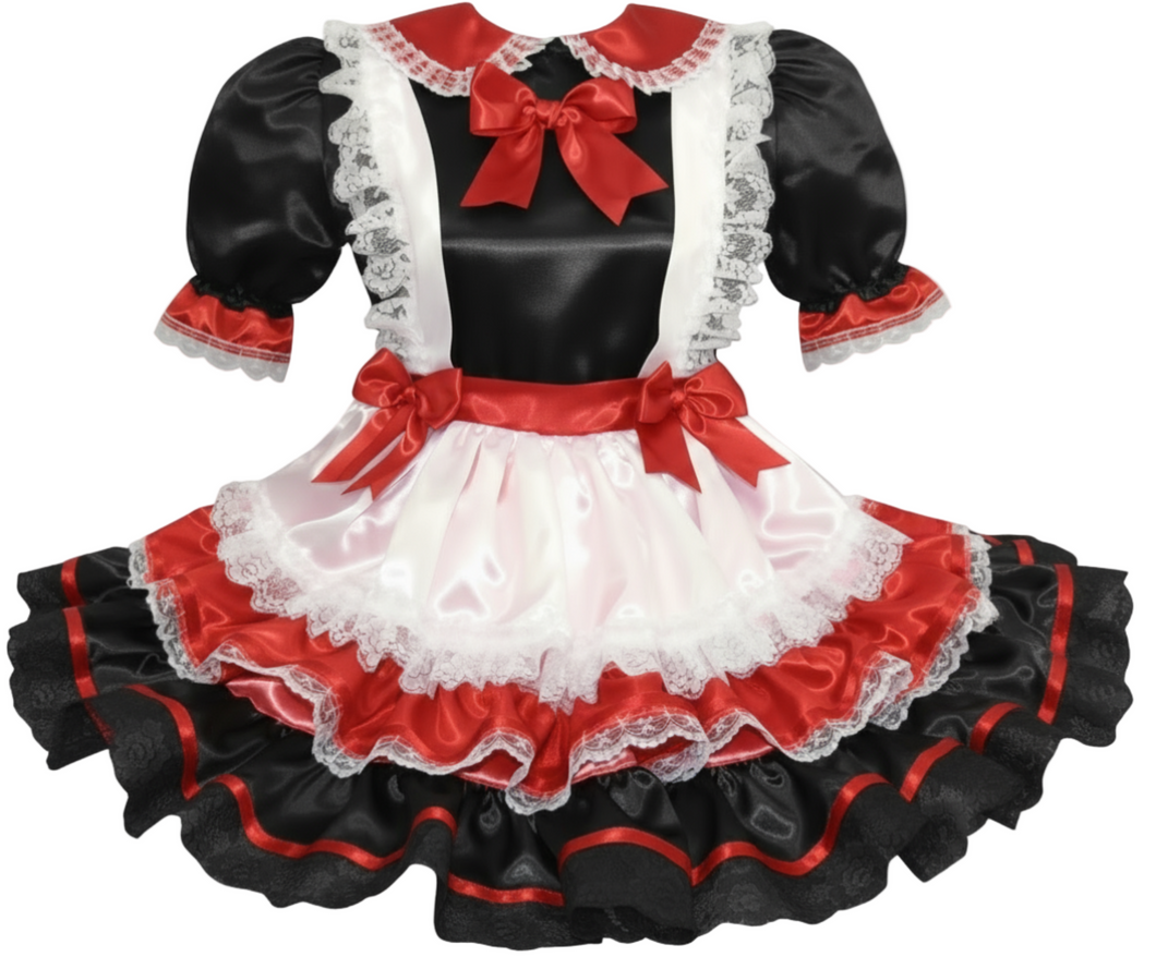 Black, red, and white sissy dress with ruffles and bows on a white background