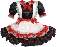 Black, red, and white sissy dress with ruffles and bows on a white background