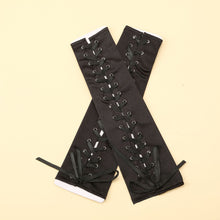 Long Black Satin Arm Sleeve Lace-up Fingerless Sissy Gloves