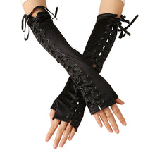 Long Black Satin Arm Sleeve Lace-up Fingerless Sissy Gloves