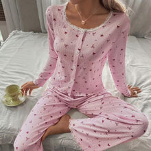 Lace-trimmed Pink Bows Loungewear Two-piece Pajamas Set