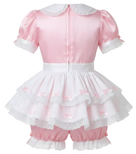 A pink and white adult baby girl's romper. 