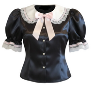 A black satin blouse with puff sleeves, a white lace Peter Pan collar, and a light pink ribbon bow at the neckline, shown on a plain white background.