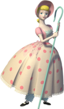 Toy Story Bo Peep character in a polka dot dress holding a cane on a white background