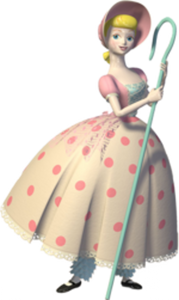Toy Story Bo Peep character in a polka dot dress holding a cane on a white background