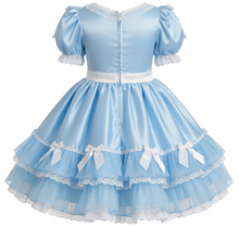 A light blue and white adult sissy dress featuring a satin bodice, short puff sleeves with lace trim, a white waistband, and a tiered skirt with lace trim and ribbon bows.