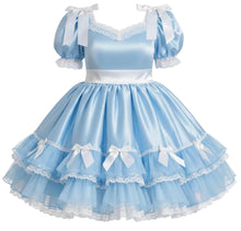 A light blue and white Lolita-style dress with puffed sleeves, lace trim, a white waistband, and a tiered tulle skirt with bow details, shown on a plain white background.