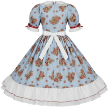 A stripes and roses dress, featuring short puff sleeves with red ribbon bows, a white waist bow, and a white ruffled hem.
