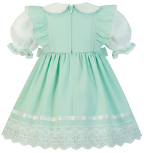 A mint green adult baby dress with white puff sleeves, a white Peter Pan collar, and a white lace hem, shown from the back on a white background.