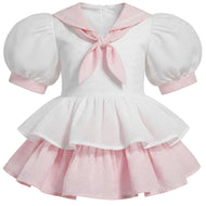A sissy short-sleeve dress with a white top featuring a pink sailor collar and bow, paired with a layered pink tutu skirt.